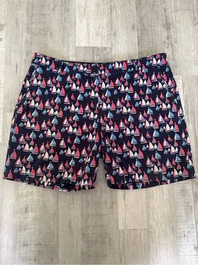 Talbots Navy Swim Shorts with Red, White & Light Blue Sailboat Print